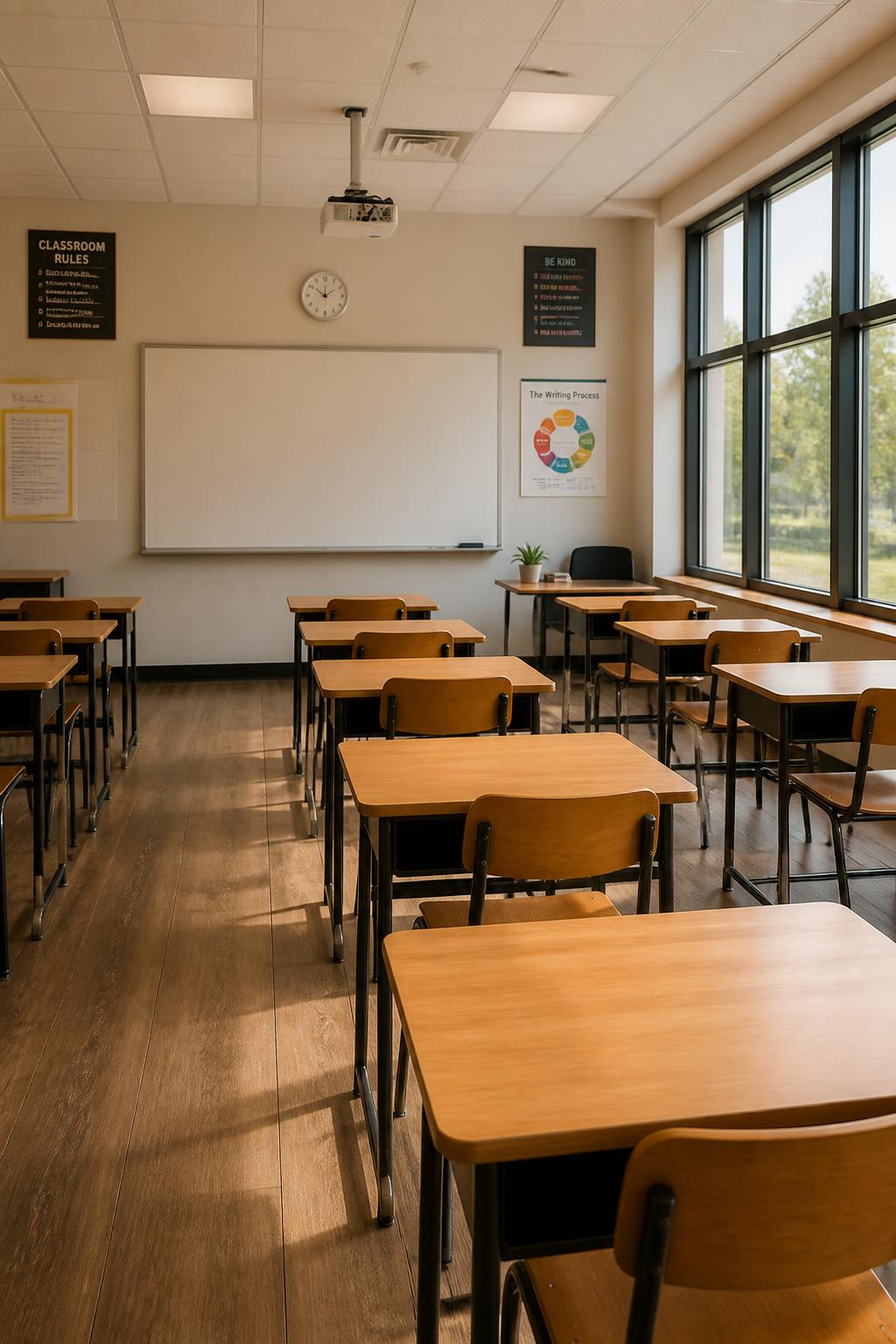 A bright, modern classroom with desks, whiteboard and natural light